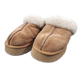 UGG Disquette Platform Slippers Chestnut Suede Sheepskin Slides 1122550 Womens 8